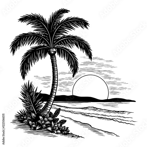 Tropical Beach Island Sunset Sunrise Palm Tree Nature Landscape Black and White Outline Line Art Drawing