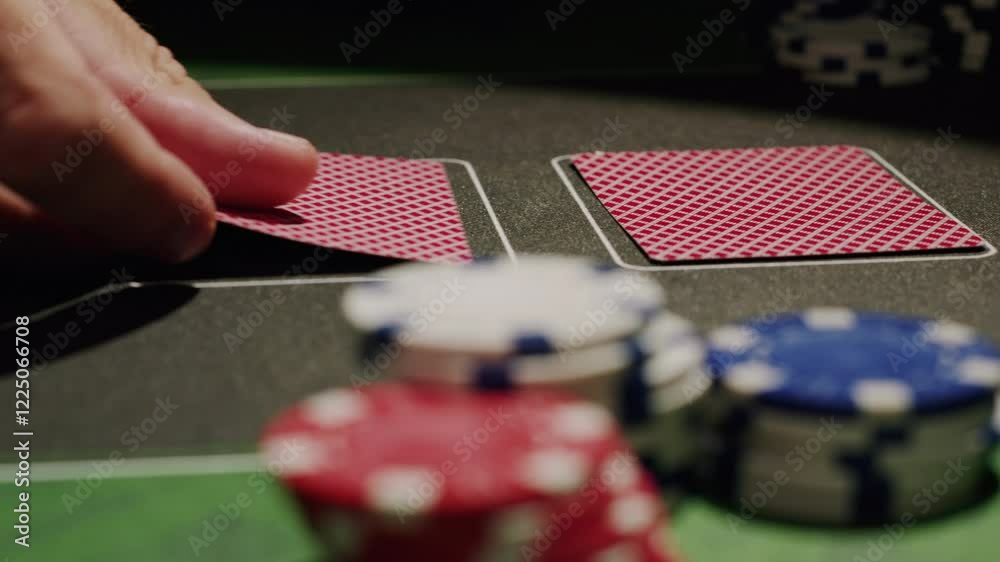 Game of poker in casino, taking place with poker chips and cards on a green table, gambling place, roulette jack pot. 