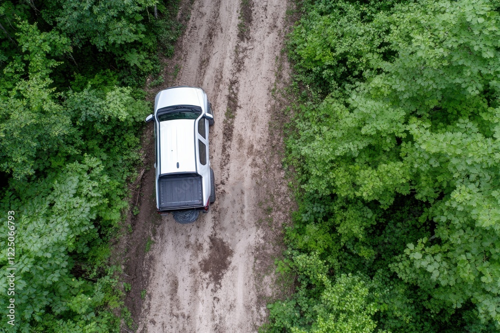Fototapeta premium An aerial view captures a pickup truck parked on a dusty forest road, exemplifying adventure and the spirit of exploration in beautifully remote natural surroundings.