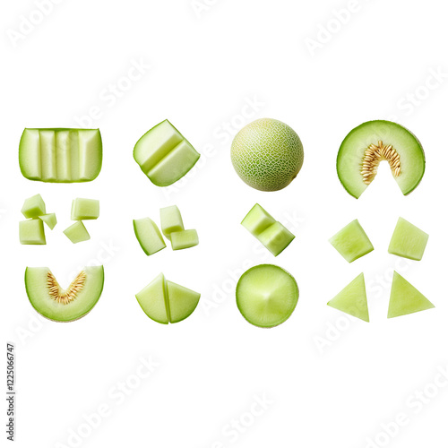 Slice Cubed Honeydew Melon Isolated on Transparent Background