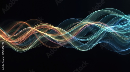Artistic flow of parallel wavy lines with textured surfaces, bright gradient colors transitioning across green, blue, and orange tones, set against a dark contrasting background.