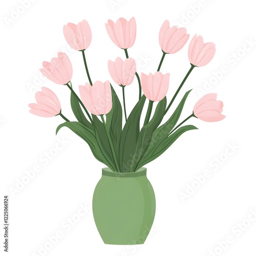 Minimal Bouquet of Pastel Pink Tulips in Green Vase on White Background