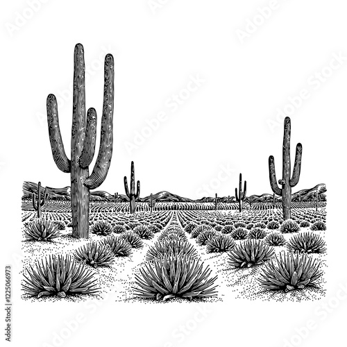 Wide Agave Field with Cactus Landscape Black and White Outline Line Art Drawing Engraving