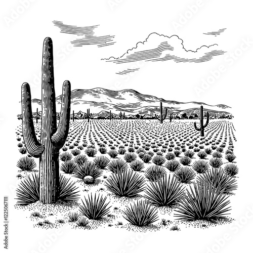 Wide Agave Field Landscape with Cactus Black and White Outline Line Art Drawing Detail