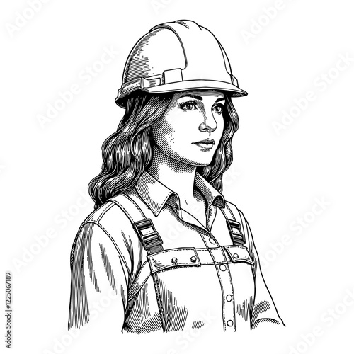 Worker Woman with Helmet Detailed Black and White Outline Line Art Drawing Wearing Overalls