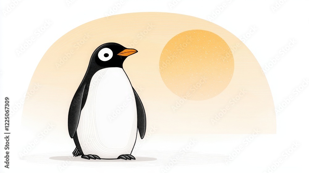 Fototapeta premium Cute cartoon penguin character standing against a warm yellow circle representing sun and warmth