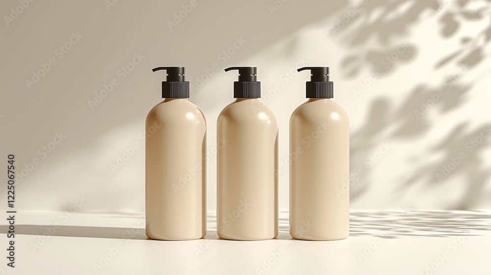 Minimalist Display of Three Beige Lotion Bottles on Light Background Minimalist Display of Three Beige Lotion Bottles on Light Background