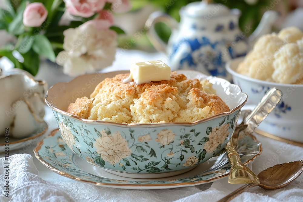 Freshly baked fluffy scones topped with butter, elegantly served on a floral plate with tea set