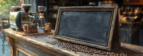 Rustic wooden counter with blank chalkboard sign, coffee beans, and vintage coffee equipment. Perfect for coffee shop menus, cafe advertising, or rusticthemed designs. photo