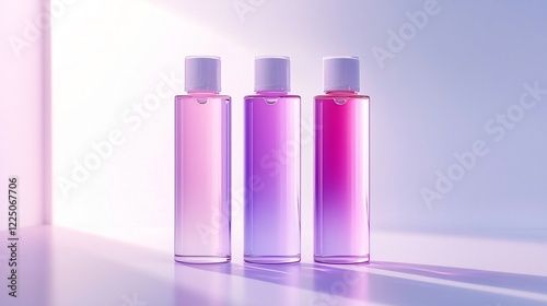 Elegant Set of Three Gradient Glass Bottles Filled with Liquid Beauty Product