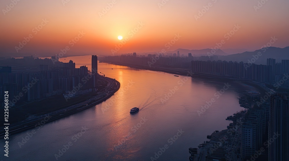 Fototapeta premium Golden sunset over the river with city skyline in the background view from above