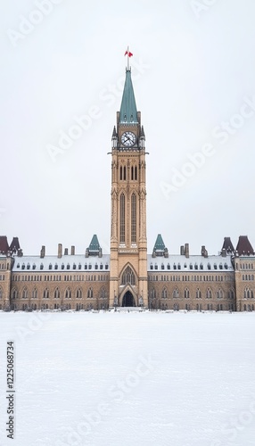 Snowy Elegance of Parliament Hill, Ottawa Neo-Gothic Architecture under Winter Skies photo