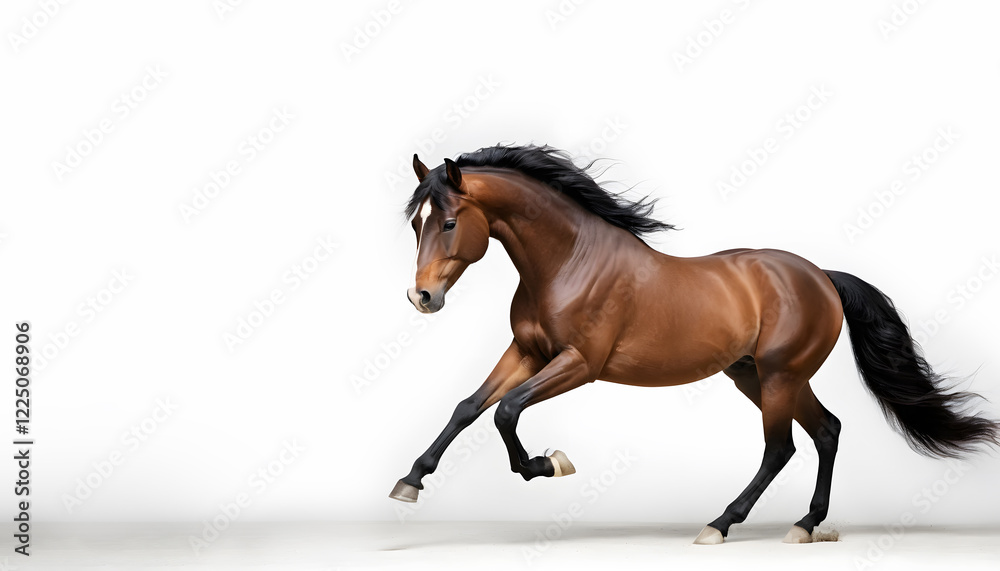 Obraz premium Majestic Brown Horse Galloping with Flowing Black Mane on Solid White Background