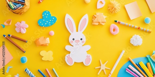 Colorful paper crafts with bunny and art supplies for creative easter activities photo