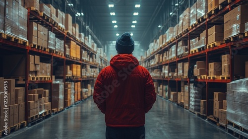 Worker in warehouse aisle, reviewing inventory, night