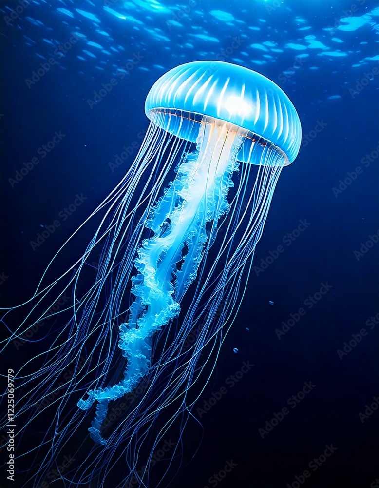 luminous jellyfish drifting in the ocean, glowing with soft blue light.- 