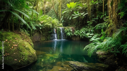 Serene Lush Rainforest Waterfall Tranquil Pool Nature Scene Green Tropical Paradise Calm Rocks Peace