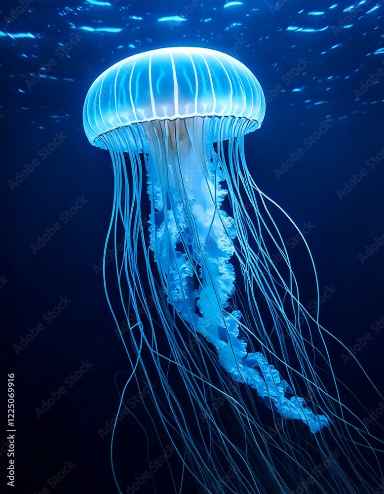 luminous jellyfish drifting in the ocean, glowing with soft blue light.- luminous jellyfish drifting in the ocean, glowing with soft blue light.-