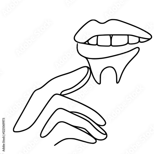 Minimalistic vector simple outline drawing of a hand. touching the slightly open mouth with visible upper teeth