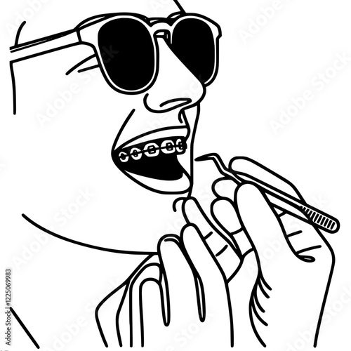 Side view of a man in black glasses with braces being examined by a dentist. Suitable for dental and orthodontic topics. Single line simple outline