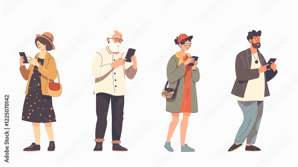 Obraz premium Diverse Group of People Using Smartphones - Youth and Senior Characters Communication Technology