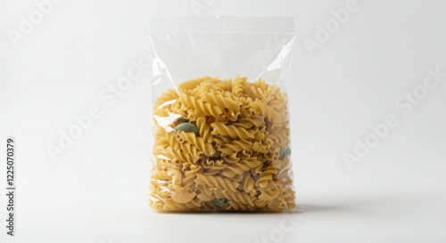 Fusilli Pasta in Clear Plastic Bag on White Background