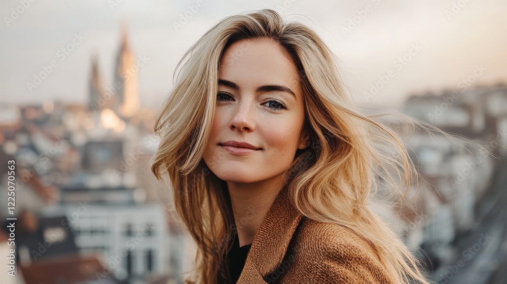 Close-Up Portrait of a Stylish Belgian Woman Against City Background Close-Up Portrait of a Stylish Belgian Woman Against City Background