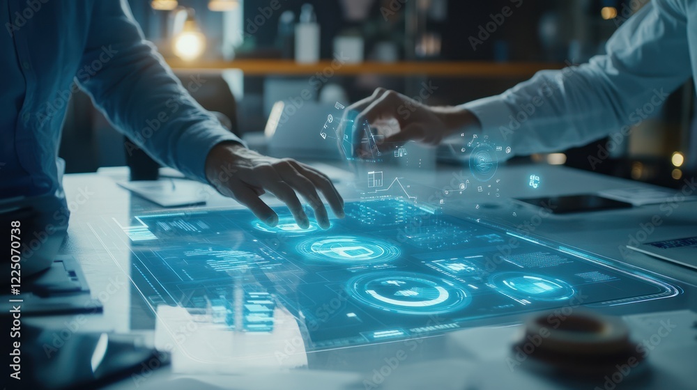 Innovative Tech Collaboration: Two Professionals Interact with a Futuristic Holographic Interface