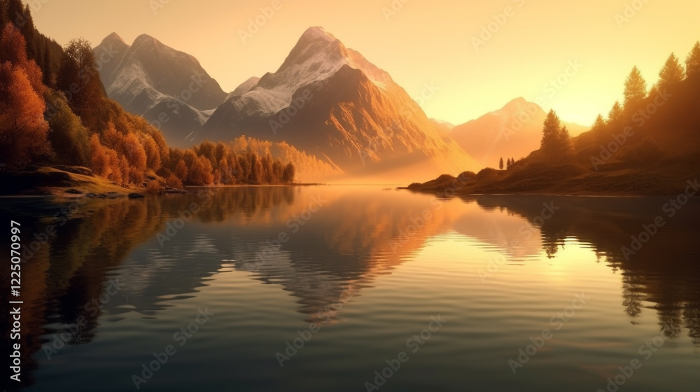 Fototapeta premium Golden Sunrise Mountain Lake Autumn Landscape Peaceful Nature Scenery Breathtaking View Tranquil 