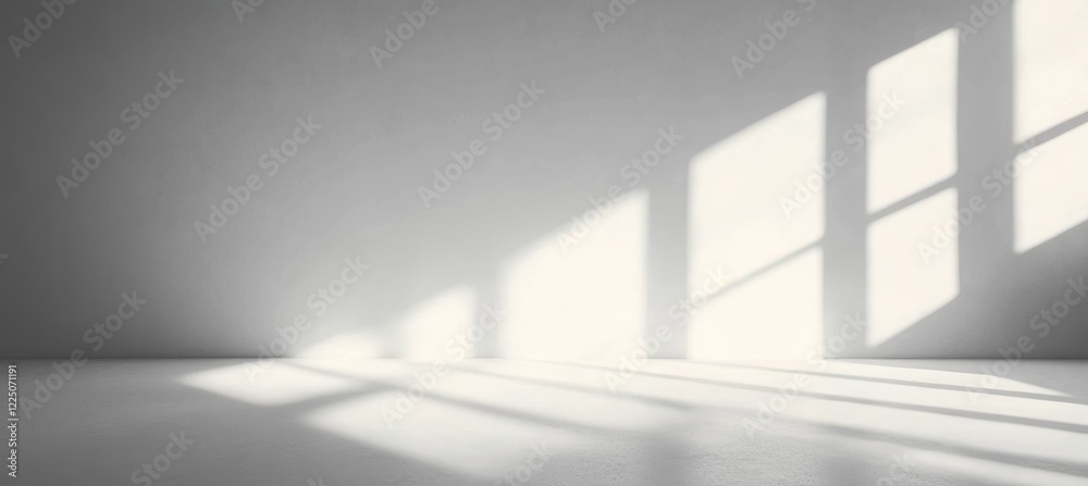 Fototapeta premium Minimal Light, Empty Modern Interior Scene. Bright Sunshine and Subtle Shadows On Blank White Wall.
