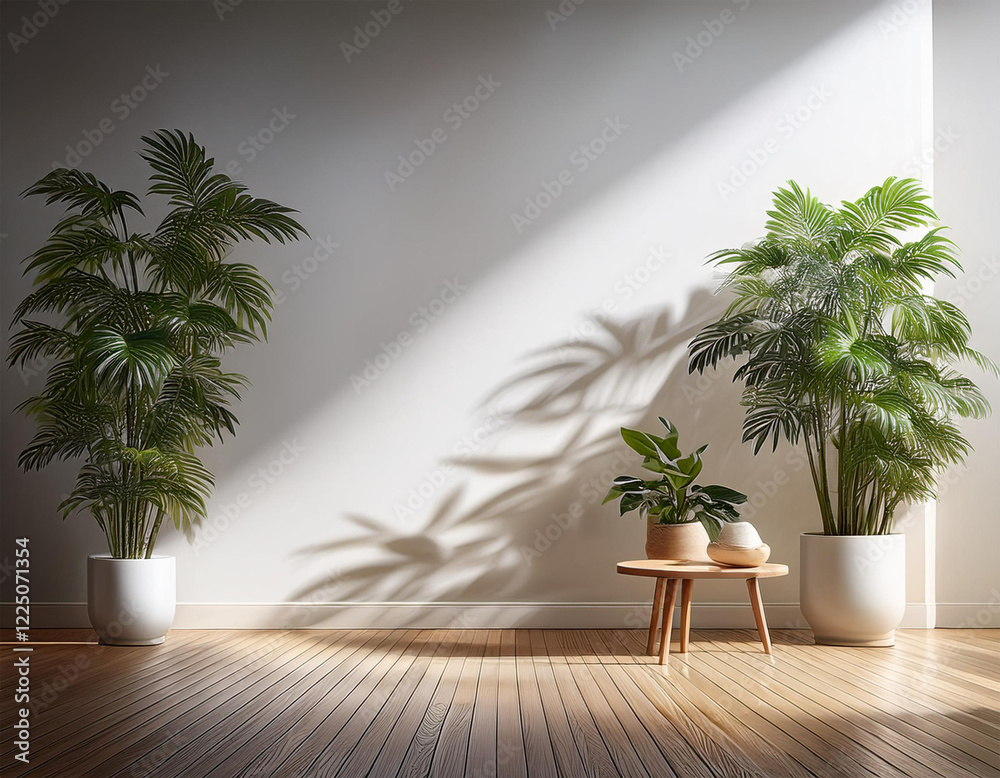 Fototapeta premium Modern Living room,interior background,ornamental plants on empty wall