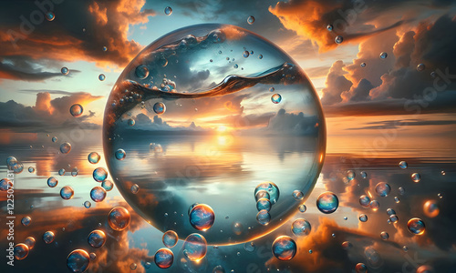 Eine durchsichtige Blase liegt am Abend im Sonnenuntergang am Meer und spiegelt sich, copy space