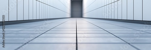 A sleek  modern corridor with tiled flooring and glass walls  leading towards a distant doorway  conveying a sense of depth and minimalism.