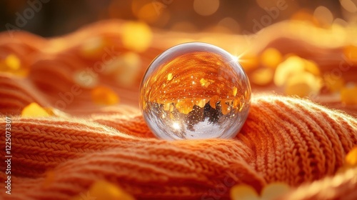 A glass sphere resting on an orange knitted fabric.