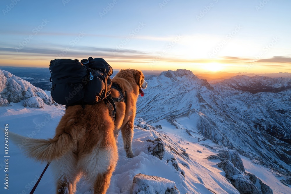 A golden retriever stands at the peak of a snow-covered mountain, basking in the warm glow of a sunset. It symbolizes adventure, loyalty, and the bond between pets and nature. A golden retriever stands at the peak of a snow-covered mountain, basking in the warm glow of a sunset. It symbolizes adventure, loyalty, and the bond between pets and nature.