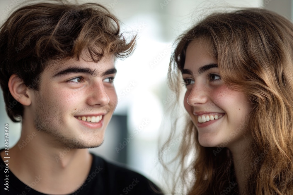 A youthful couple with cheerful expressions gazing at each other, capturing genuine connection and joy in a candid moment filled with happiness and warmth.