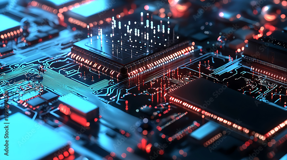 Obraz premium A computer chip is shown in a close up with a blue background. generated using AI