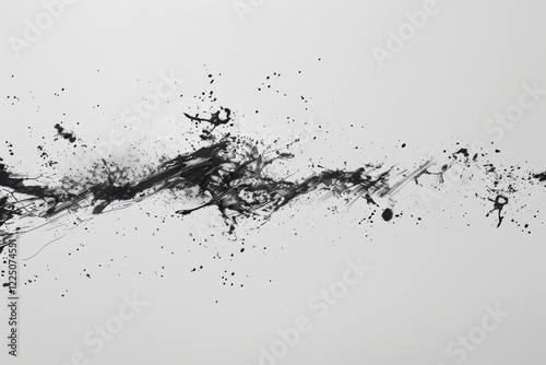 close up horizontal isolated image of black splashes of paint over a white background, copy space