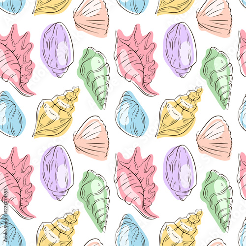 Seamless seashell pattern with shells in flat style. Hand drawn summer sea themed design for textile, wrapping, card, background. photo