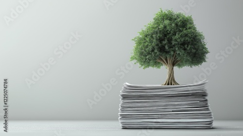 tree growing from stack of business reports on gray background with copy space,  sustainable growth business concept