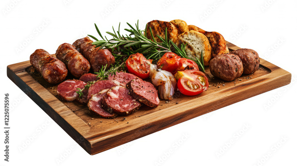 Board with cold cuts and vegetables on an isolated background. Top view. Board with cold cuts and vegetables on an isolated background. Top view.