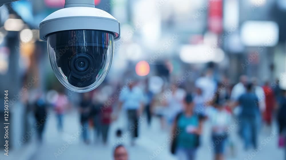 A surveillance camera overlooking a crowded urban setting, showcasing the hustle and bustle of city life during daylight hours
