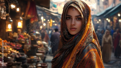 A stylish Moroccan woman in a vibrant market.