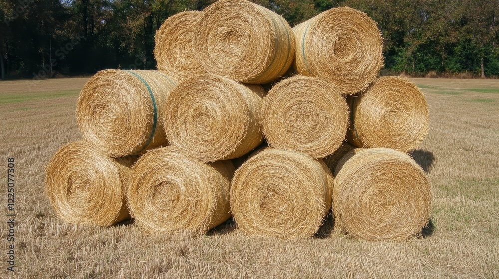 Stacked Straw Bales in Rural Landscape Under Clear Blue Sky Stacked Straw Bales in Rural Landscape Under Clear Blue Sky