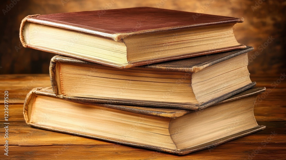 Stack of Old Leather-Bound Books on Wooden Table Surface Stack of Old Leather-Bound Books on Wooden Table Surface