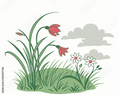   Un pequeño prado con flores rojas y blancas florece bajo un cielo parcialmente nublado. La escena refleja la calma y la simpleza de la naturaleza en primavera.
