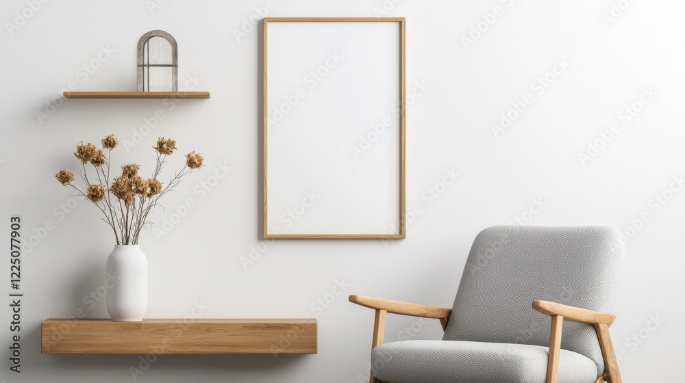 Fototapeta premium A modern, minimalistic interior featuring a chair, shelf, and decor.