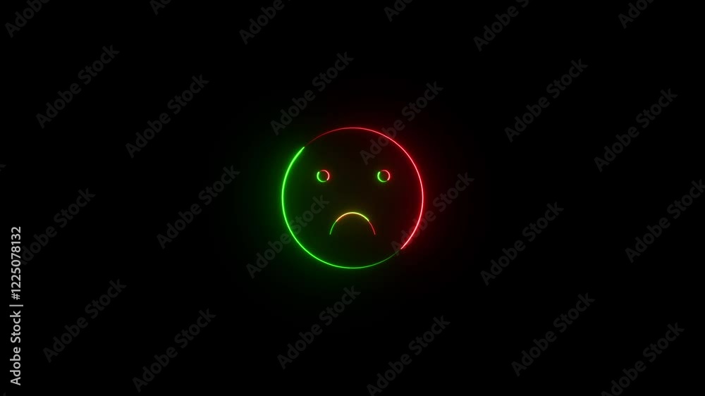 Neon emoji face, crying sign and on black background. 