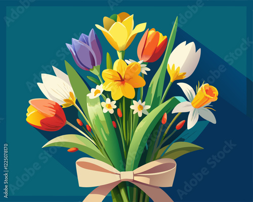   Un ramo de flores de primavera, con tulipanes, narcisos y margaritas, está adornado con una cinta beige. Los tonos cálidos y fríos crean un contraste armonioso.
