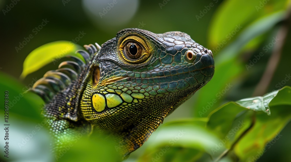 Obraz premium Green Iguana Portrait in Lush Tropical Foliage